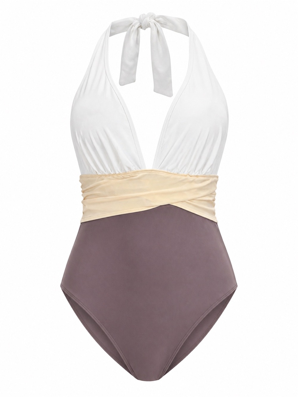 Colorblock One-Piece Swimsuit in White, Cream & Taupe
